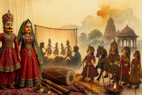 Timeline-style illustration of Indian puppetry from village storytelling and temple performance to modern theatre and education
