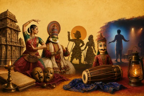 Timeline-style Indian theatre collage with classical performers, shadow puppets, musicians, temple-stage details and a modern stage figure.