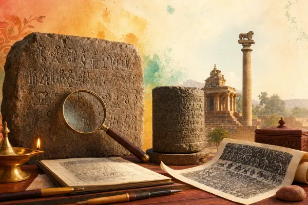 Epigraphy illustration showing a historian using magnification, photographs and notes to decipher an Indian stone inscription.
