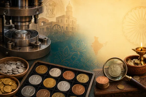 Editorial illustration of Indian coins being studied with mint marks, tools, magnifier and official-looking design sketches.
