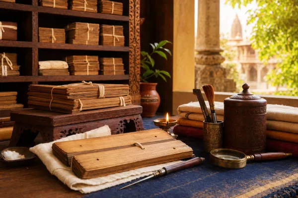 Indian manuscript bundles stored with cloth wrapping, shelves, and conservation tools to show preservation and archive care.