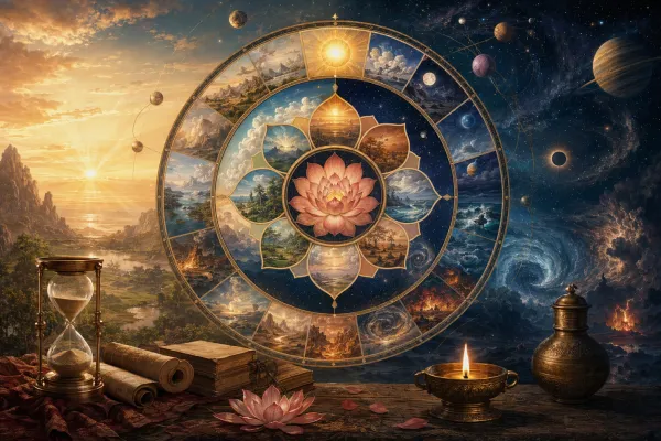 Symbolic Hindu cosmology time-cycle illustration with a mandala wheel, celestial bodies and an hourglass for yugas and kalpas.