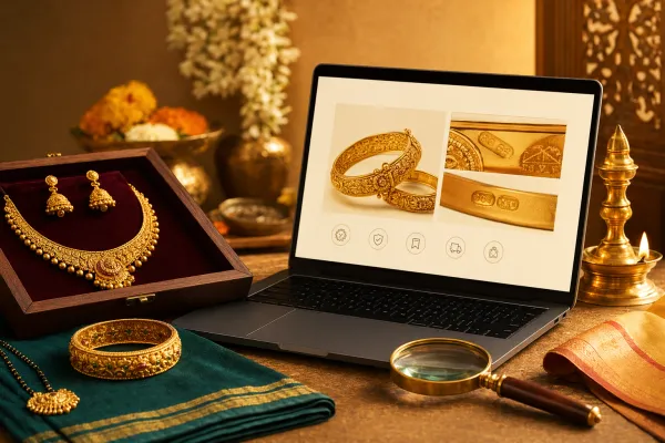 Online Indian gold jewellery buying checklist with gold ornaments, laptop screen, magnifying glass, hallmark-style marks and invoice details.