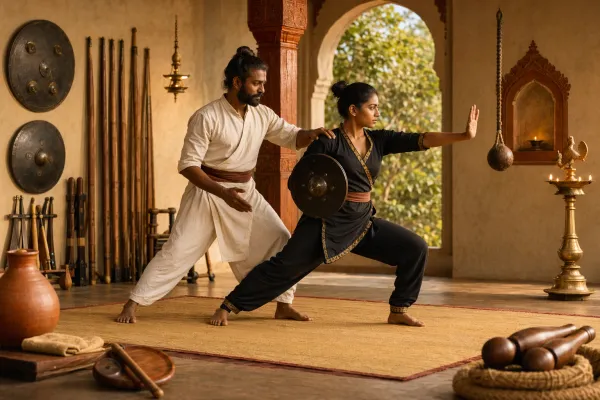 Teacher guiding a beginner in an Indian martial arts training space with safe distance, careful posture, and disciplined practice.