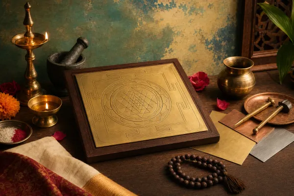 A respectful home workspace with a yantra, drawing tools, diya, flowers, and clean materials for learning or choosing a yantra.