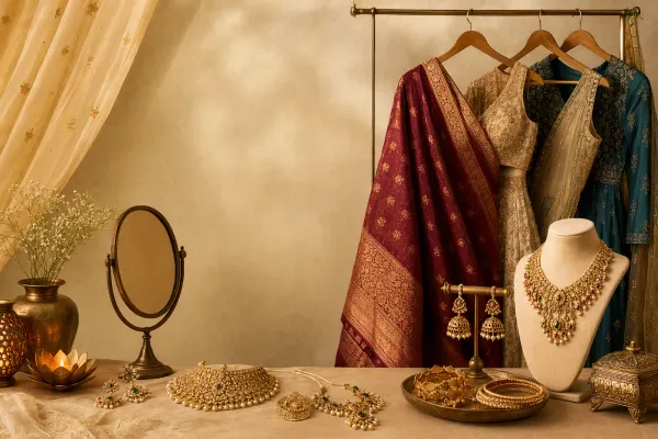 Indian jewellery styling setup with saree and lehenga fabrics, necklaces, earrings, bangles, mirror, flowers and a modern outfit mood board.