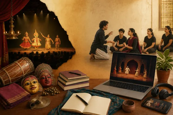 Illustration of people learning Indian theatre through a live performance, workshop notes, phone research, stage lights and local event posters.
