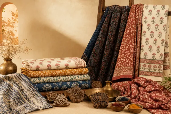 Illustration of Indian block printing with carved wooden blocks, dye bowls, printed cotton fabric, and artisan tools.