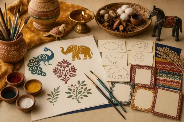 A student art table with Indian folk-art-inspired animal motifs, borders, paper, pencils, brushes, and simple classroom project materials.