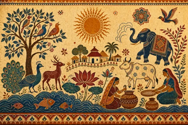 An Indian folk art symbolism scene with animals, birds, trees, sun, river, village life, and devotional motifs arranged in bright folk style.