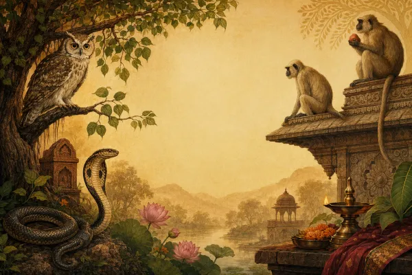 Indian folklore animals including an owl, snake, monkey, cow, crow, and temple setting in symbolic artwork.