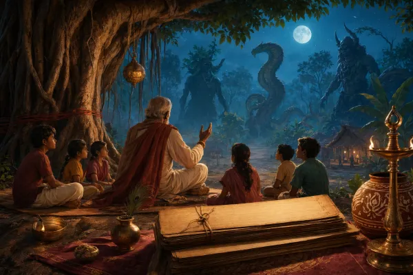Illustration of Indian folklore creatures with serpent, forest-spirit, and night-story silhouettes near a moonlit banyan tree and village storytellers.