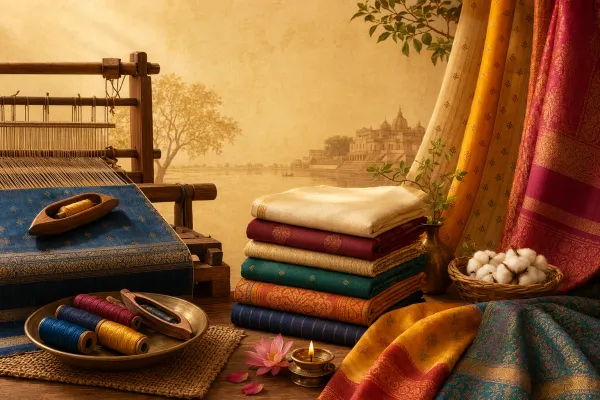 Illustration of an Indian handloom with shuttle, yarn, folded fabrics, and warm craft-room light.