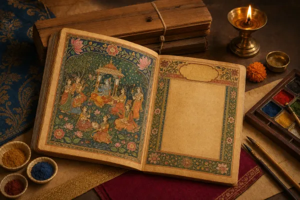 Indian illuminated manuscript page with miniature-style art, colour, and devotional storytelling elements in a study setting.