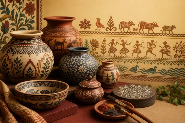 Painted Indian pottery with floral, geometric, animal and folk-inspired patterns beside brushes and natural pigments.