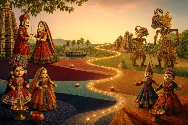 Indian puppets from different regional styles arranged with strings, stage curtains and folk-art details for a beginner guide to puppet names.