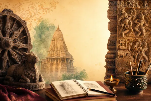 Student-friendly Indian sculpture study illustration with textbook, temple carving, sculpture examples and classroom notes.