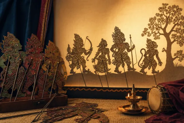 Coloured leather shadow puppets arranged before a glowing screen for an Indian shadow puppetry performance