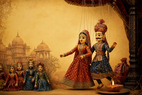 Indian string puppets with colourful costumes suspended by control strings before a performance backdrop