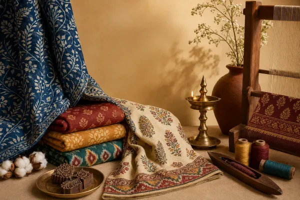 Illustration of Indian textile patterns with floral motifs, paisley forms, borders, blocks, thread, and patterned fabric.