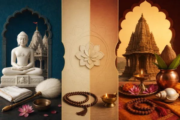 Respectful comparison illustration with Jain and Hindu symbolic panels, temple forms, lamps, and devotional objects shown without rivalry.