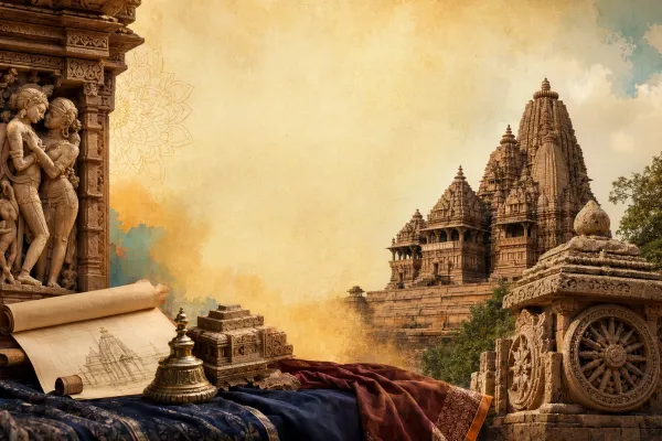 Illustration of Khajuraho temple architecture with Nagara shikharas, sculptural wall panels, stone platforms and warm central Indian light.