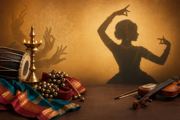 Kuchipudi dancer silhouette with ankle bells, stage lamp, silk costume details, music, and expressive dance-drama mood.