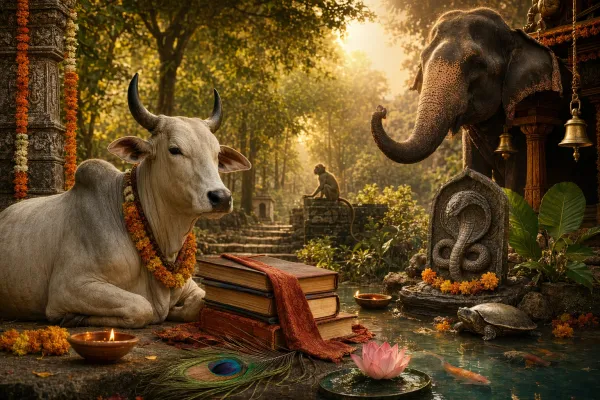 Symbolic illustration of books and sacred animals of India, with cow, elephant, snake, peacock feather, turtle, and temple motifs.