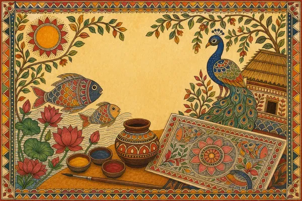 A Madhubani-inspired learning scene with fish, peacock, floral borders, bold outlines, bright colours, and handmade painting materials.