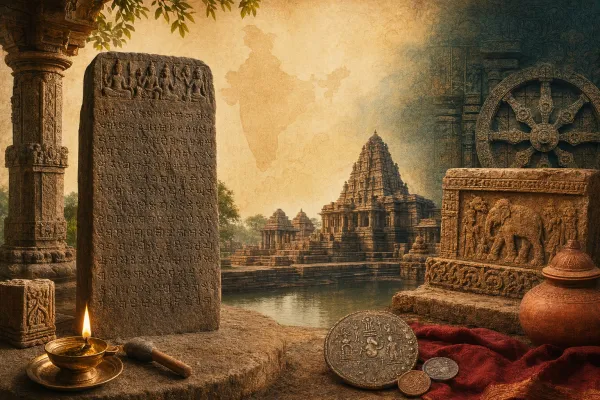 Medieval Indian inscriptions illustration with stone record, temple setting, coins, lamp and regional history study details.