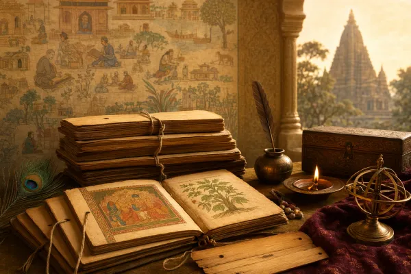 Medieval Indian manuscript folios in a temple-library setting, suggesting scribes, learning, preservation, and cultural memory.
