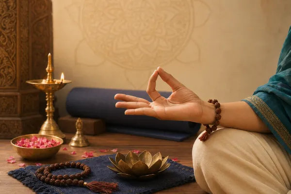 Hands forming symbolic mudras in an Indian cultural setting with temple-art, yoga, and meditation cues, shown without labels.