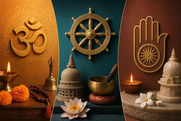 Three-panel symbolic illustration showing Om, Buddhist, and Jain visual traditions respectfully without text labels or forced mixing.