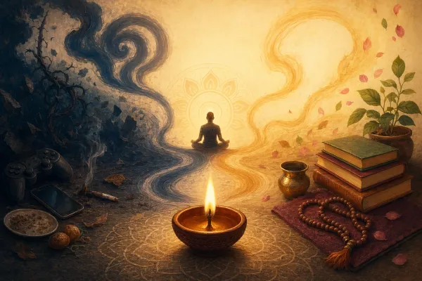 Contrasting light and shadow path showing how repeated actions can form positive or negative samskaras in daily life.