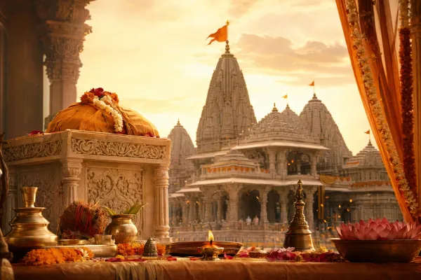 A respectful temple scene inspired by Ayodhya devotion, with lamps, flowers, devotees, and golden evening light.