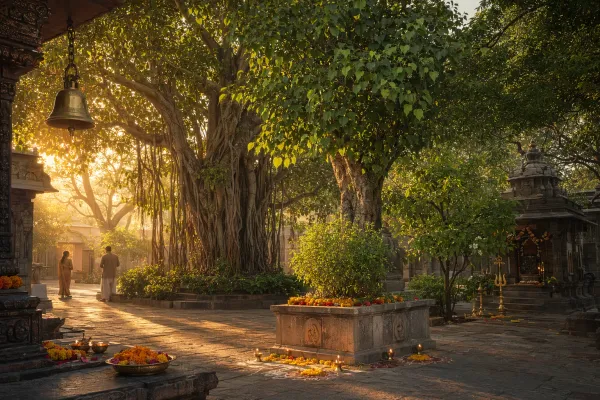 Editorial illustration of a sacred grove and Indian temple courtyard with mature Peepal, Banyan, Neem, Bilva, Tulsi, Shami, and Amla-inspired trees.