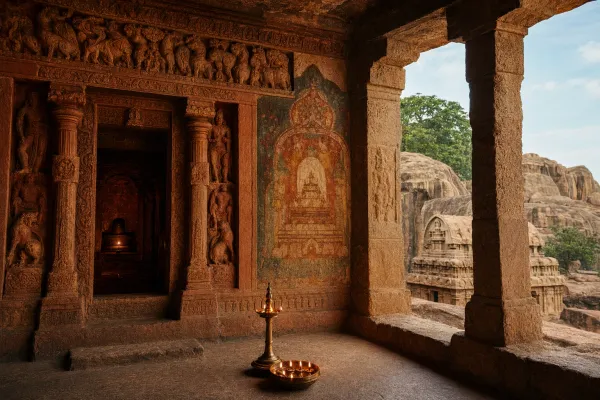 South Indian rock-cut cave temple scene with carved stone doorway, sculptural panels, warm lamp light, and heritage landscape cues.