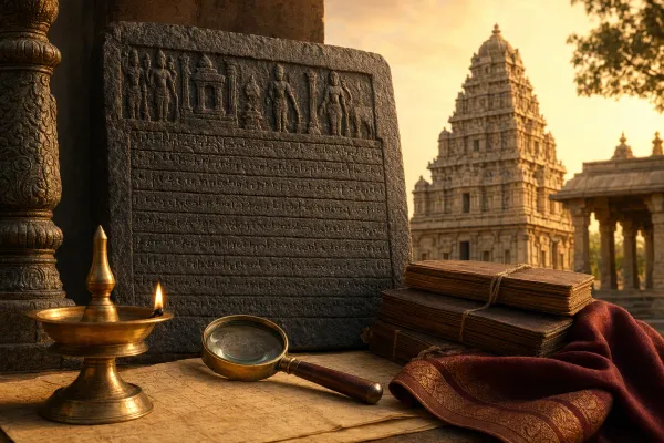 South Indian inscriptions illustration with temple architecture, carved stone records, Tamil-style script texture and dynasty-study elements.