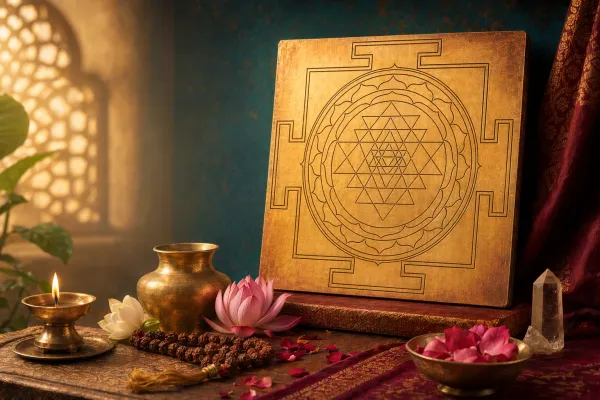 A Sri Yantra displayed respectfully with a diya, flowers, and sacred-study objects in warm devotional light.