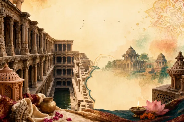 AI editorial illustration of a Gujarati vav stepwell with descending stone stairs, carved arches, water, lamps, lotus details, and heritage architecture.