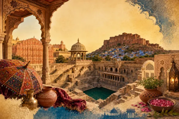 AI editorial illustration of a Rajasthan-style baori with geometric stone steps, water, arched pavilions, pots, and desert heritage colours.