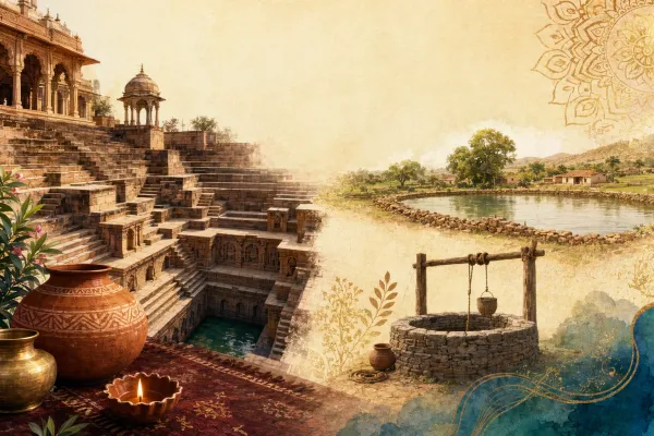 AI editorial illustration comparing an Indian stepwell, a traditional well, and a johad rainwater-harvesting pond in a heritage landscape.