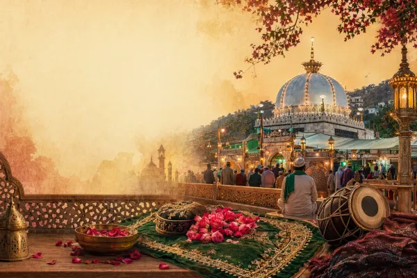 Respectful dargah visit scene with devotees, flowers, lamps and a shrine courtyard in Indian Sufi tradition.