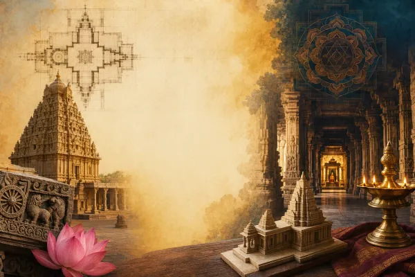 Symbolic illustration of Hindu temple architecture with sacred geometry, a sanctum-like passage, carved temple forms, lamps and lotus motifs.