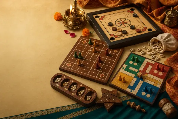 Assortment of traditional Indian tabletop games with a carrom-style board, Pachisi-style layout, cowries, dice and wooden counters on festive textile.
