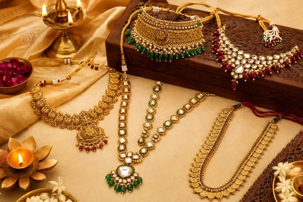 Traditional Indian necklaces arranged in multiple styles with flowers, diyas, silk fabric and carved wooden box for a beginner necklace guide.