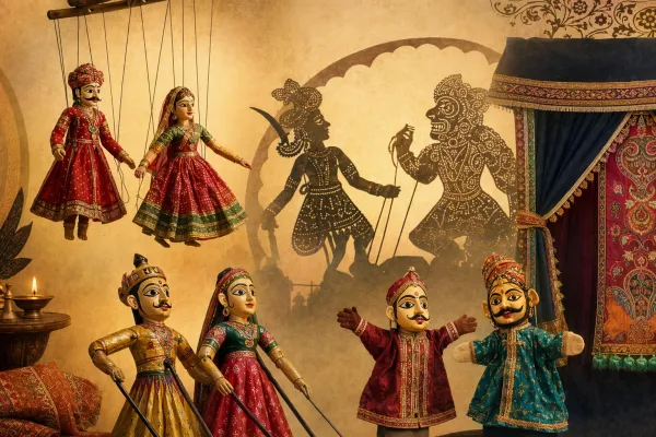 Four Indian puppetry forms shown together: string puppet, shadow puppet, rod puppet, and glove puppet