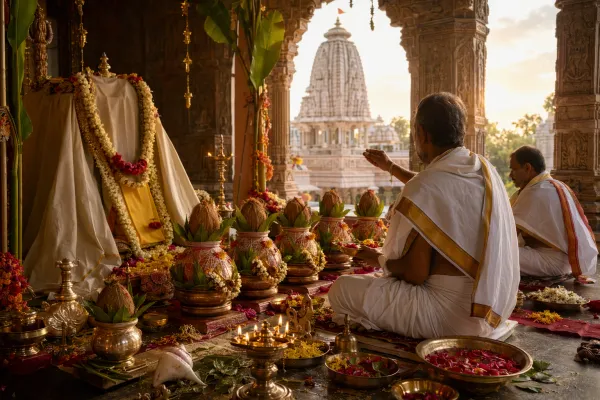 Temple consecration scene with lamps, kalashas, priestly ritual objects, and sacred architecture for a guide to types of Pratishtha.