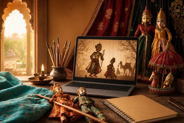 Laptop screen showing an Indian puppetry learning session with artist credit and performance notes