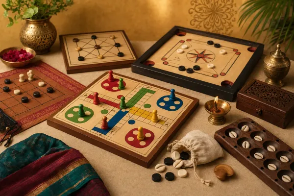 Indian tabletop games scene with a Pachisi-style cloth board, cowrie shells, carved wooden pieces, carrom counters and warm diya light.